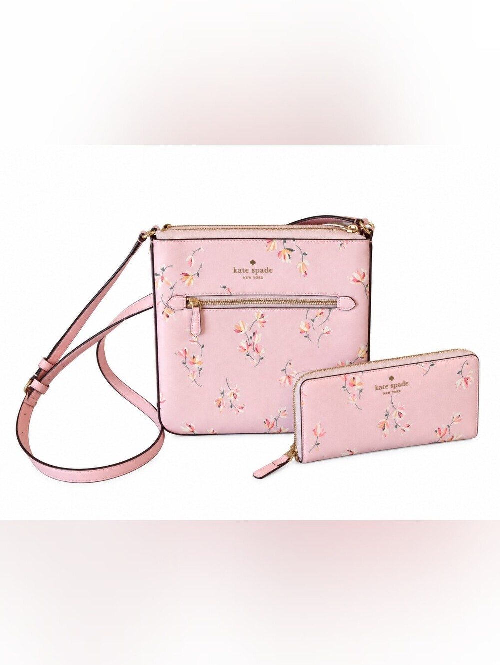 Kate Spade Pink Wispy Floral Leather Crossbody & Matching Wallet NWOT
